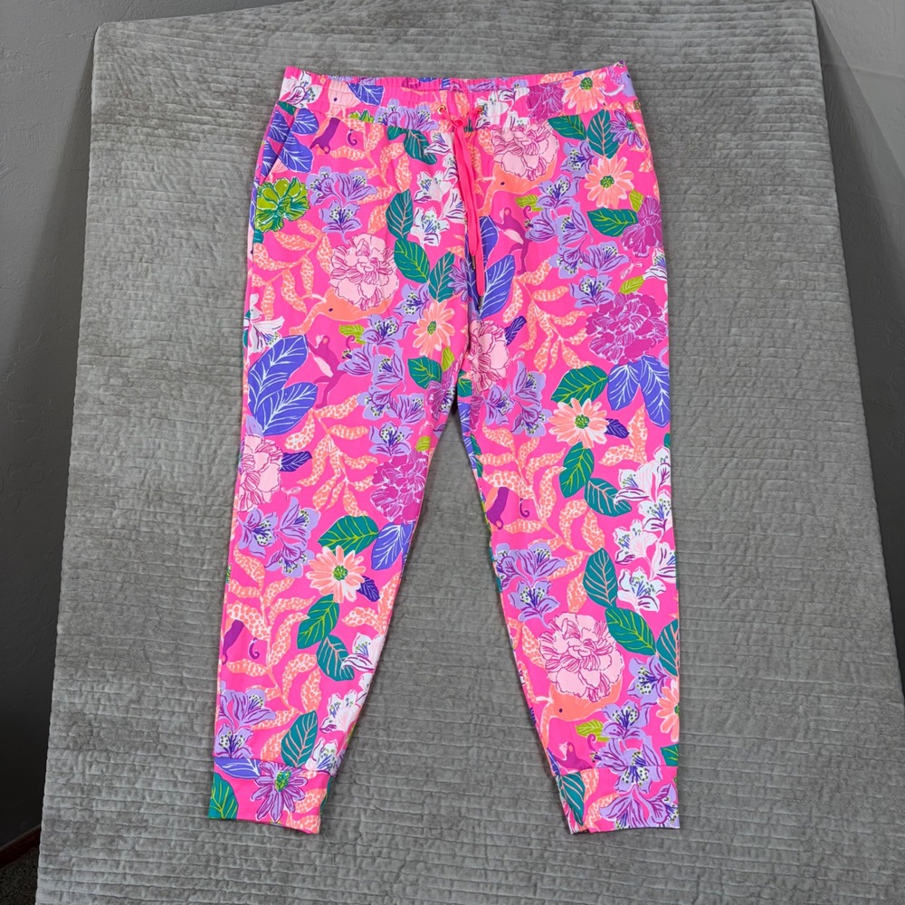 Lilly Pulitzer Luxletic Weekender Joggers Pink Floral Animal Print Large 010541